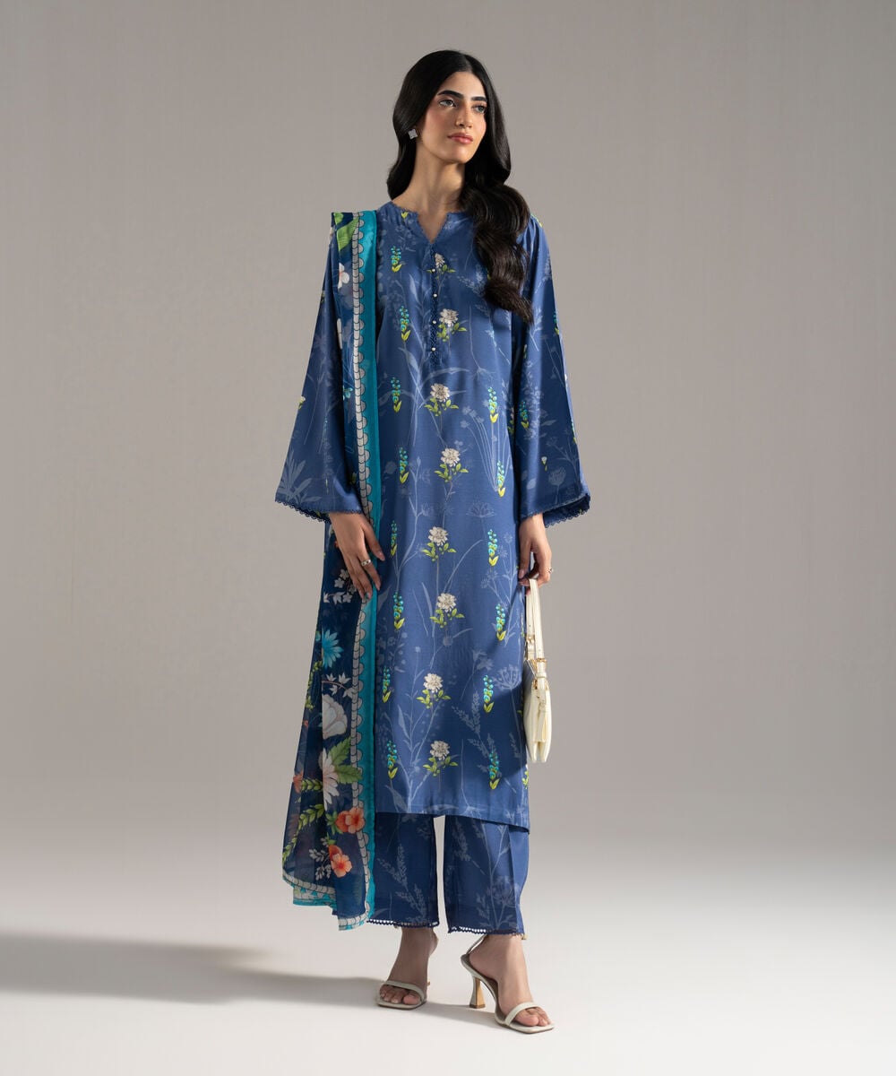 3 Piece - Printed Raw Silk Suit — Sapphire