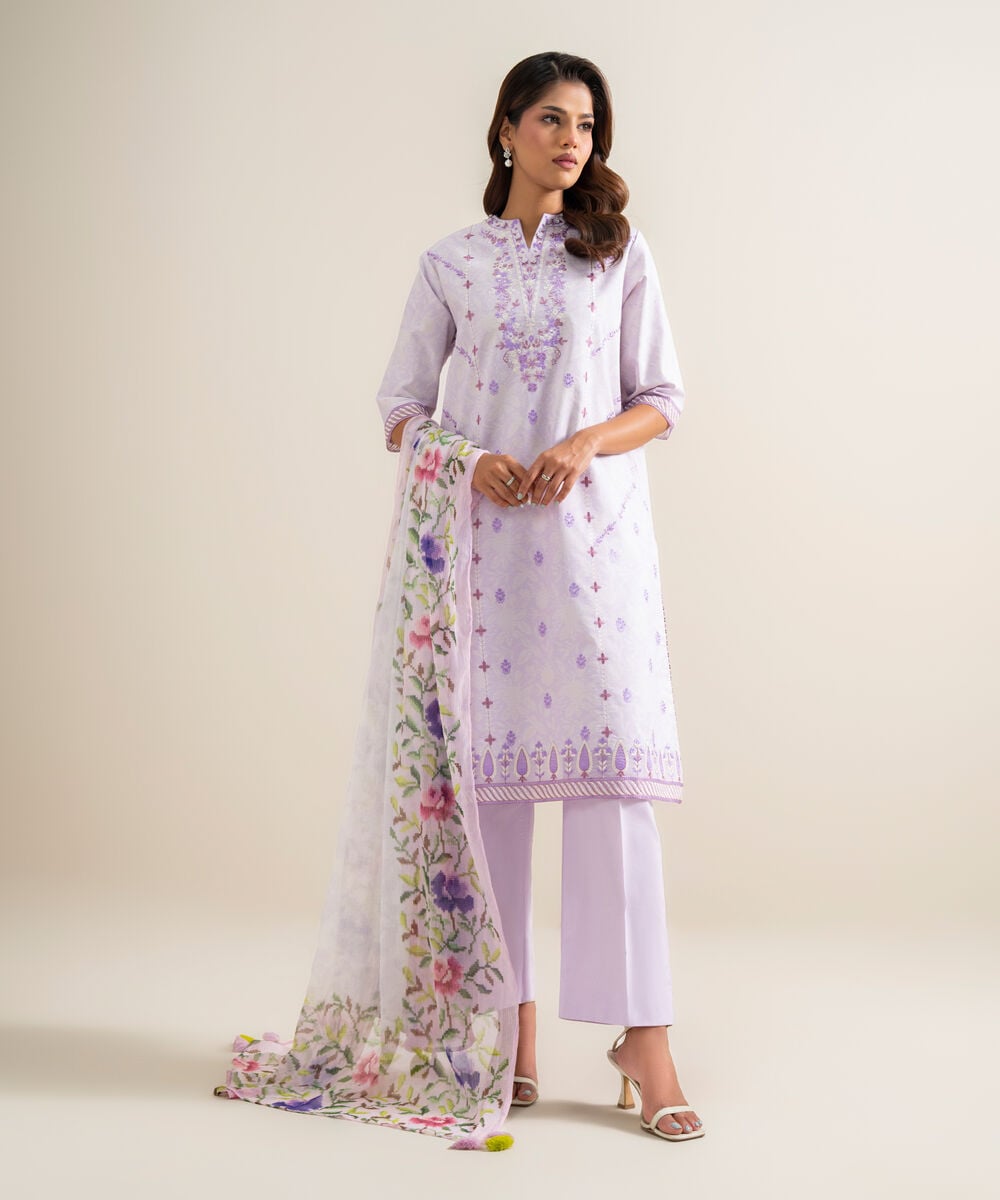 3 Piece - Embroidered Zari Cotton Suit — Sapphire