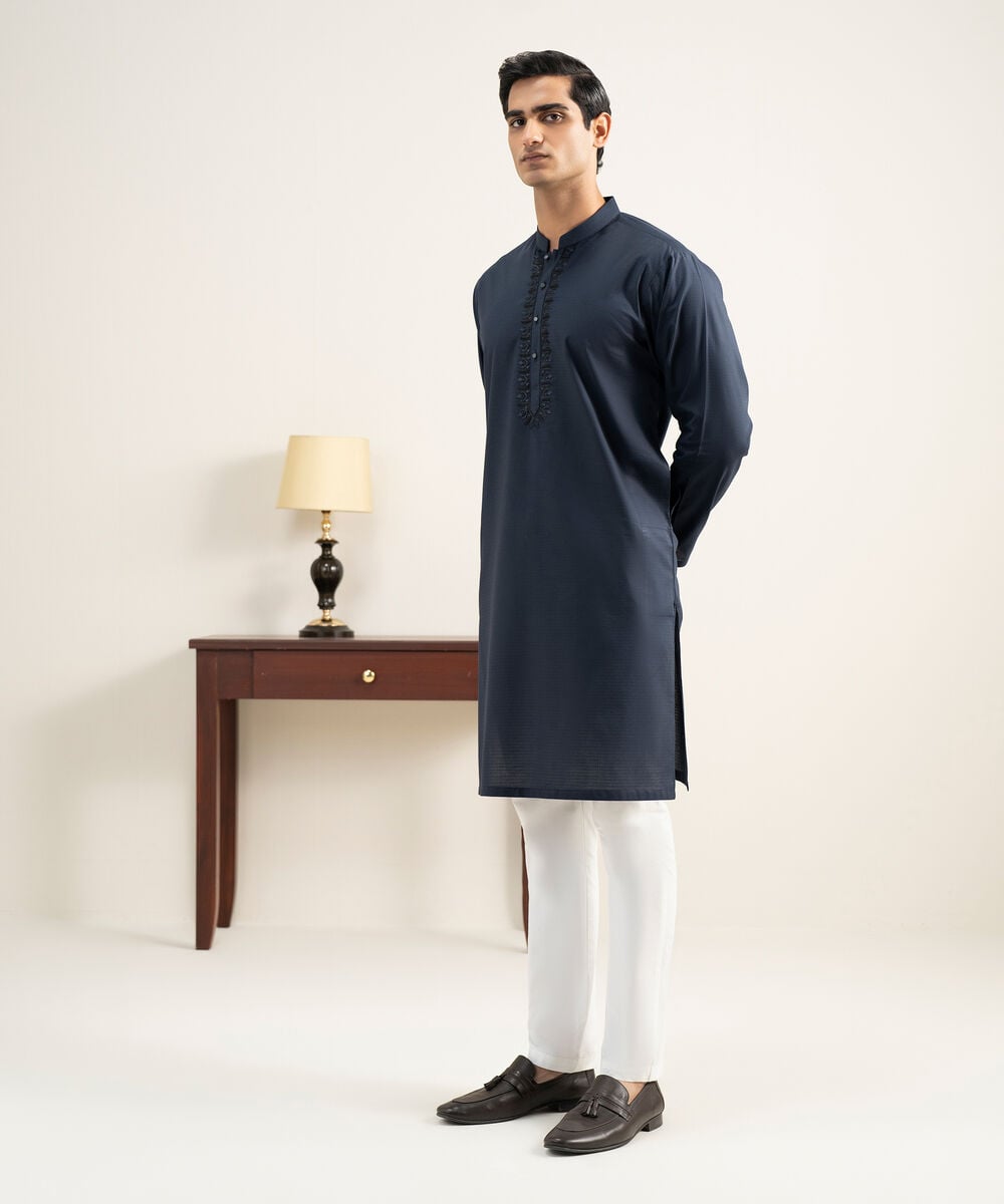 Embroidered Cotton Jacquard Kurta — Sapphire