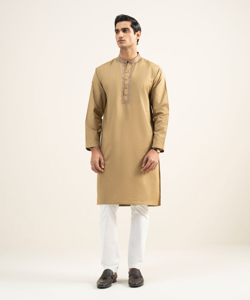Embroidered Cotton Jacquard Kurta — Sapphire view 3