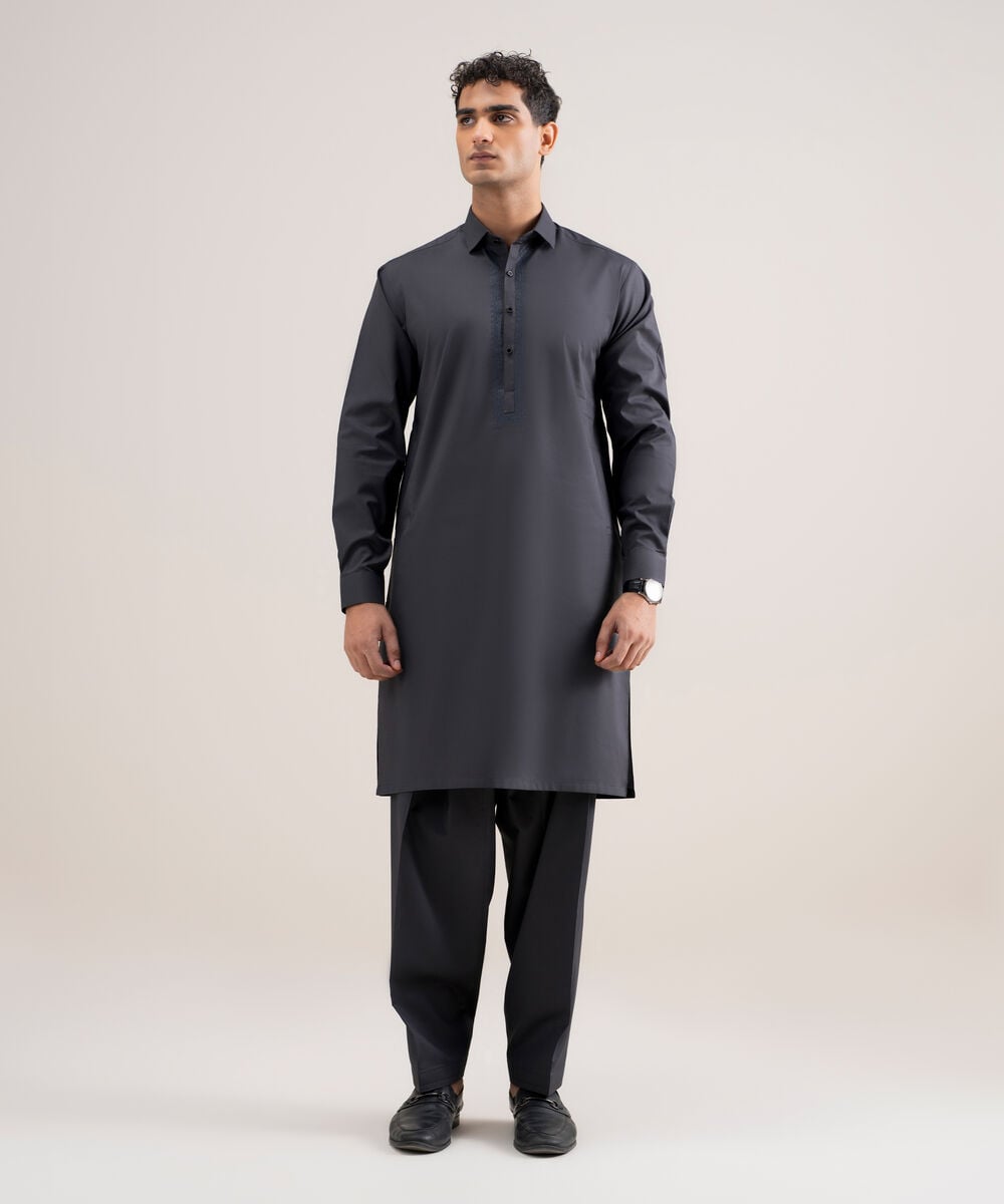 Embroidered Cotton Dobby Suit — Sapphire