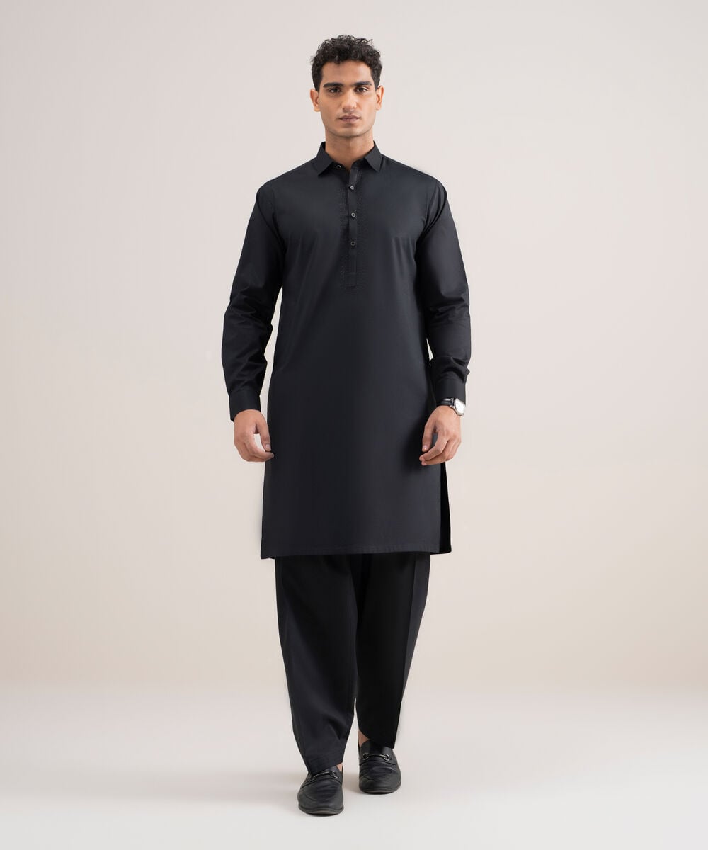 Embroidered Cotton Dobby Suit — Sapphire