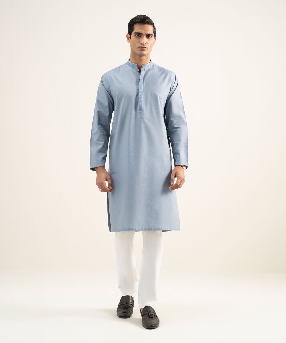 Embroidered Cotton Jacquard Kurta โ Sapphire view 3