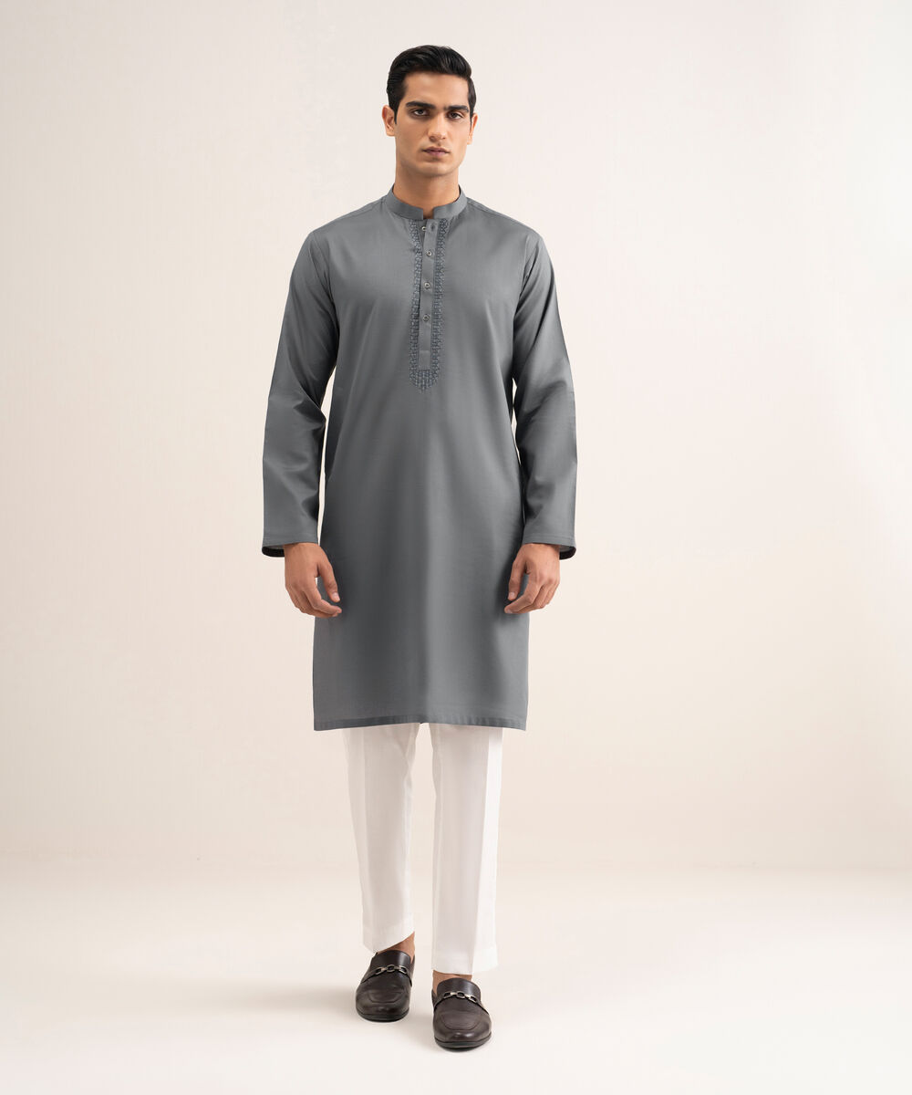 Embroidered Cotton Jacquard Kurta โ Sapphire view 3