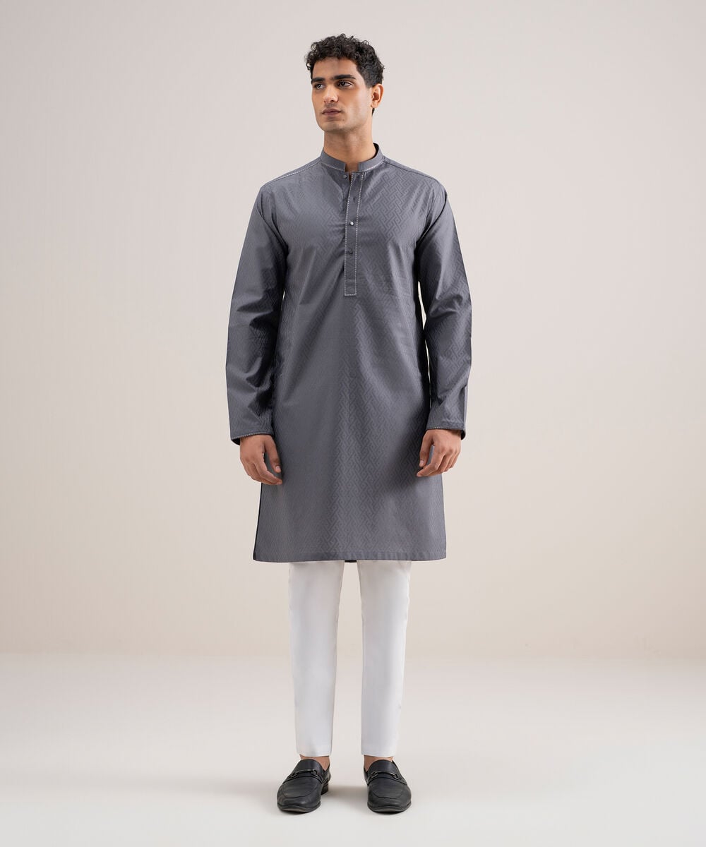 Embroidered Cotton Jacquard Kurta — Sapphire