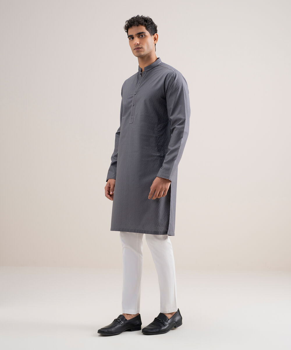 Embroidered Cotton Jacquard Kurta โ Sapphire view 3