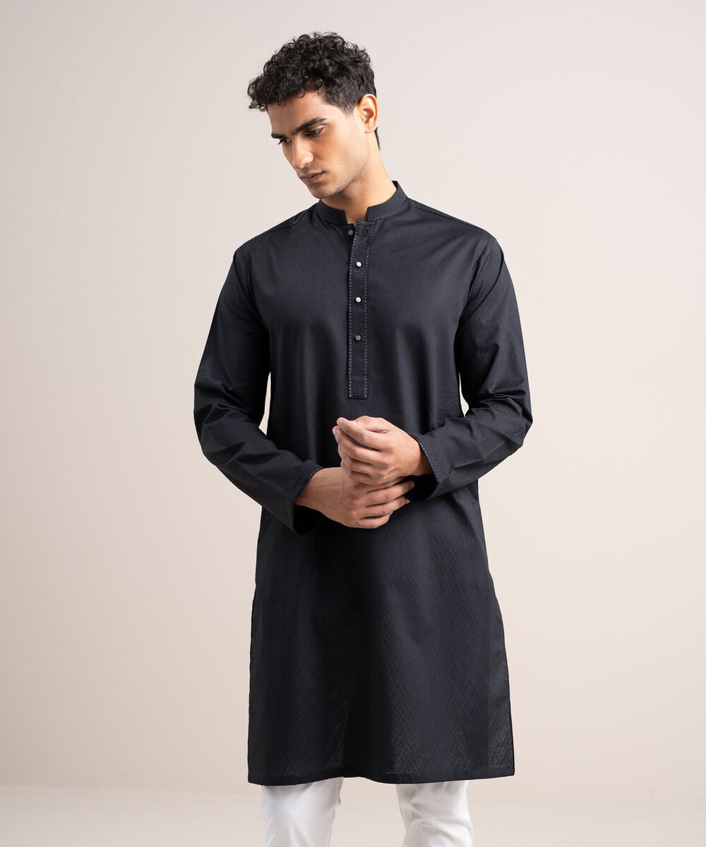 Embroidered Cotton Jacquard Kurta — Sapphire