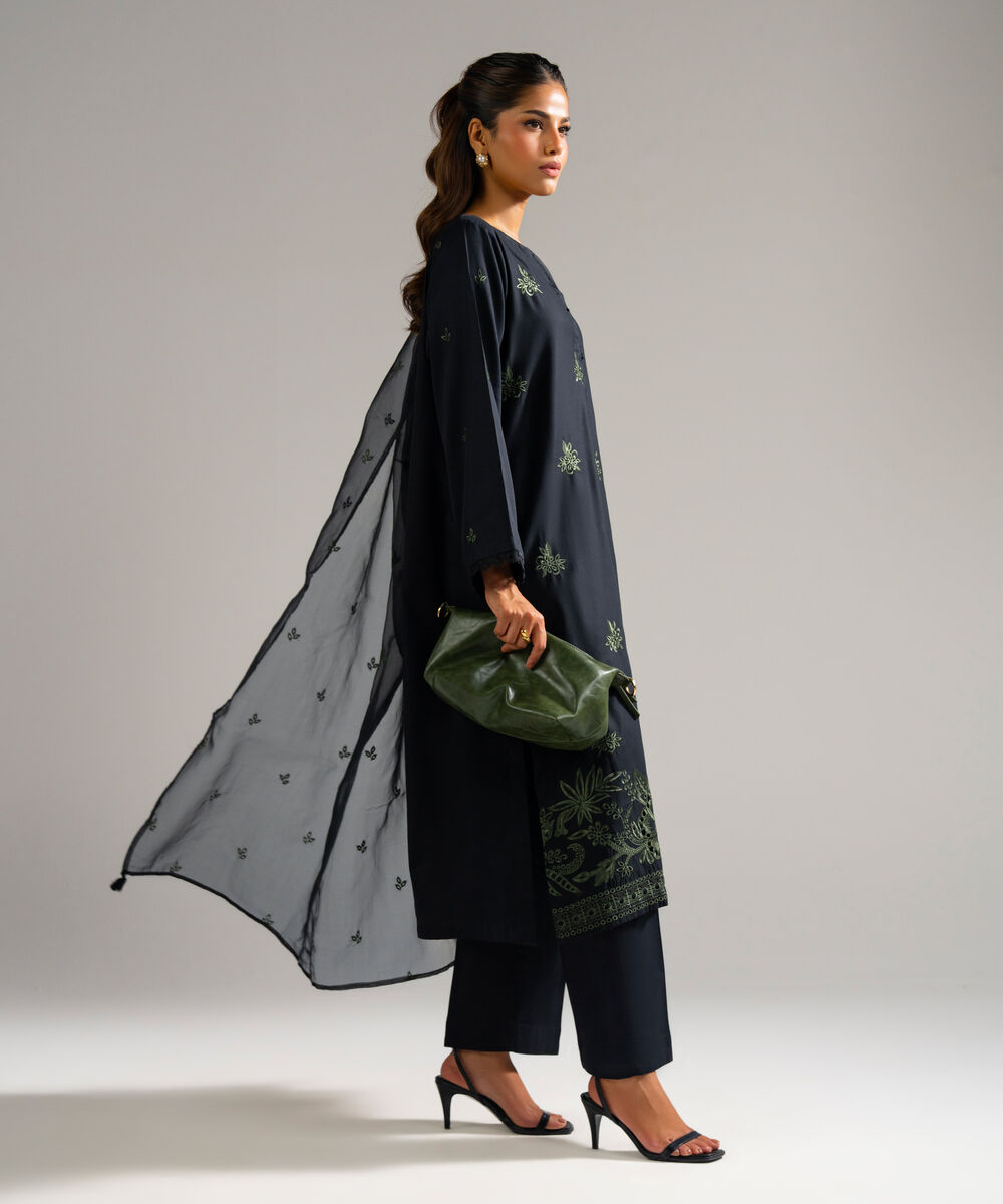 3 Piece - Embroidered Cotton Satin Suit โ Sapphire view 3