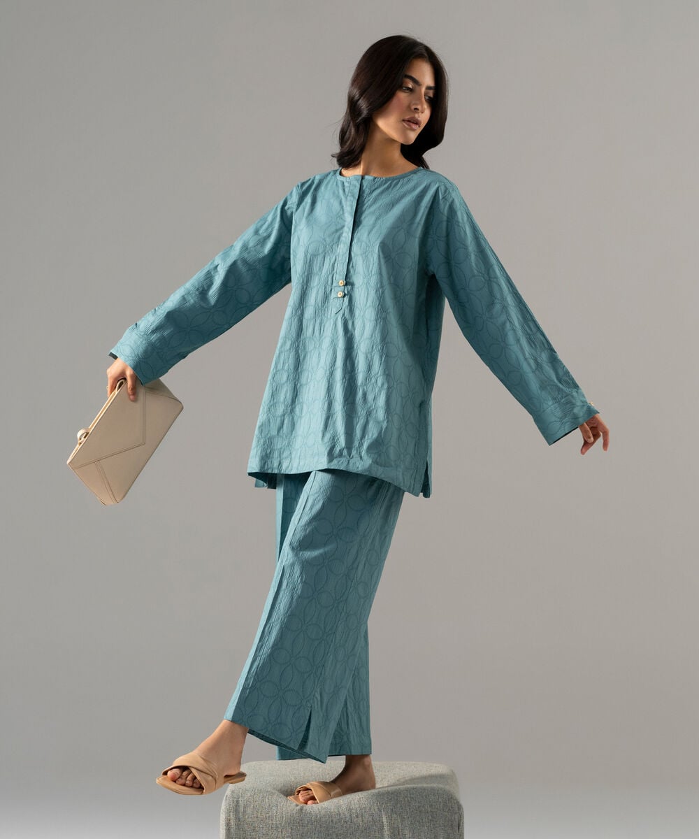 2 Piece - Solid Textured Cotton Suit — Sapphire