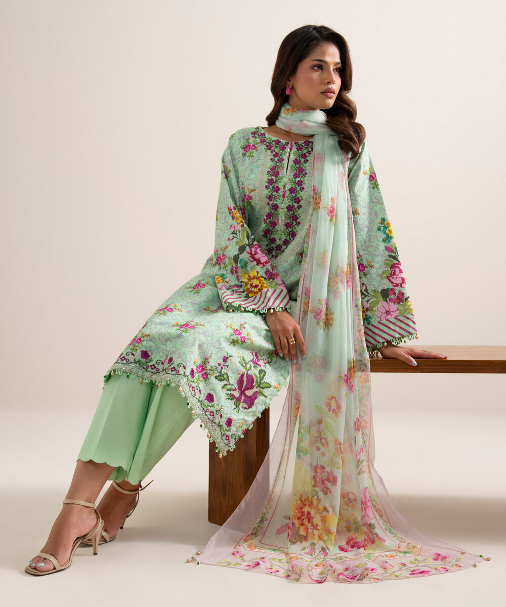 3 Piece - Embroidered Zari Cotton Suit — Sapphire