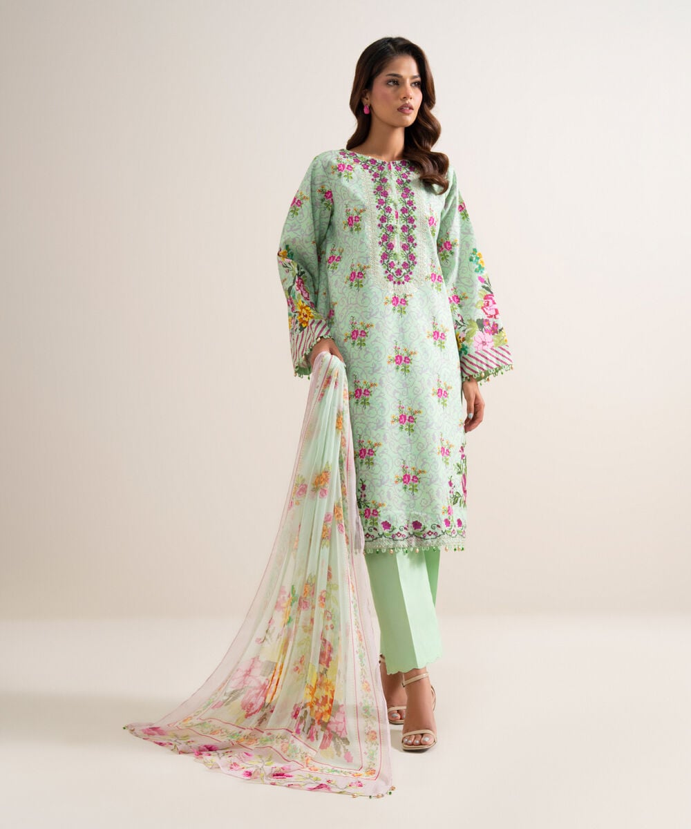 3 Piece - Embroidered Zari Cotton Suit — Sapphire view 3