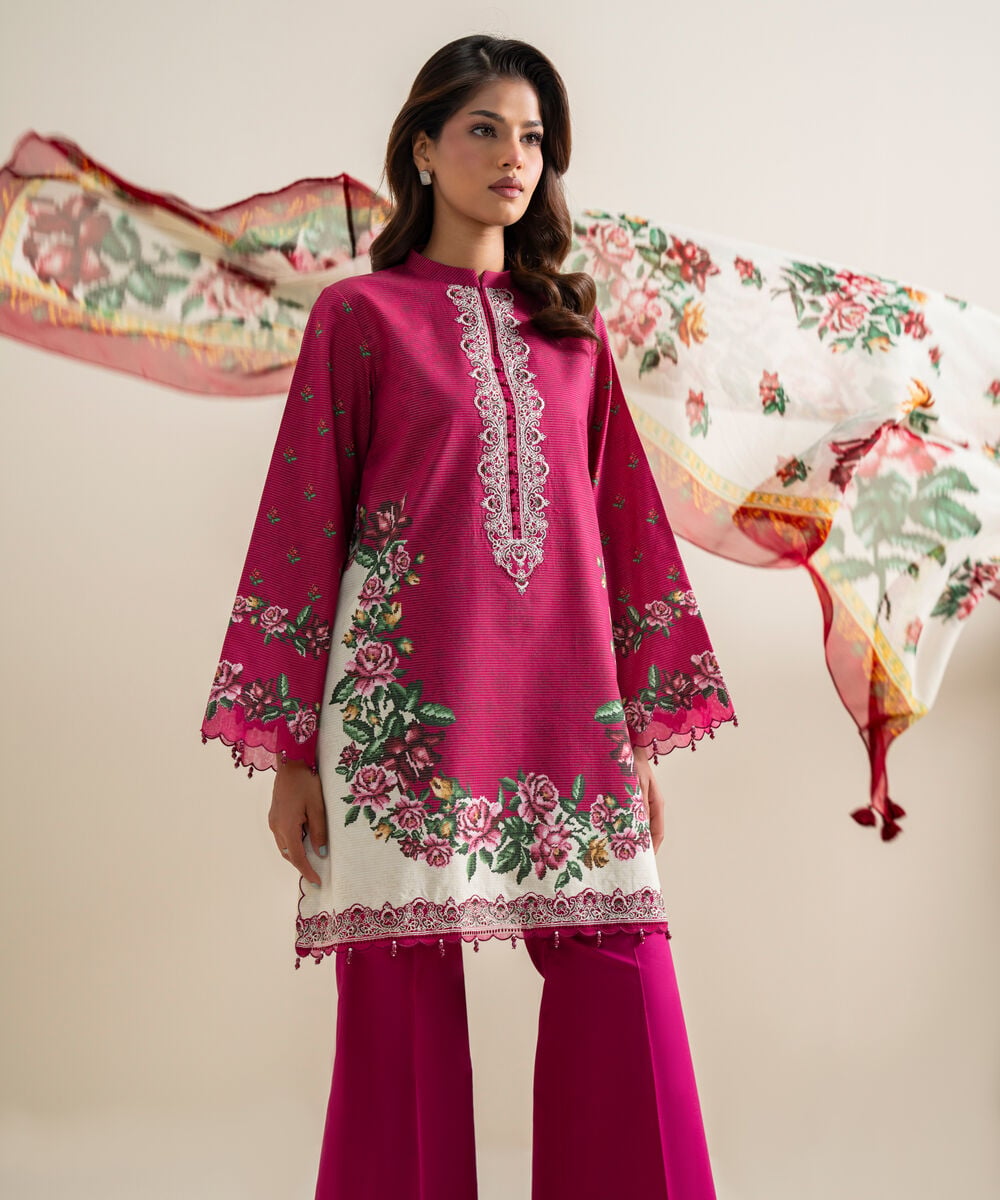 3 Piece - Embroidered Zari Cotton Suit — Sapphire