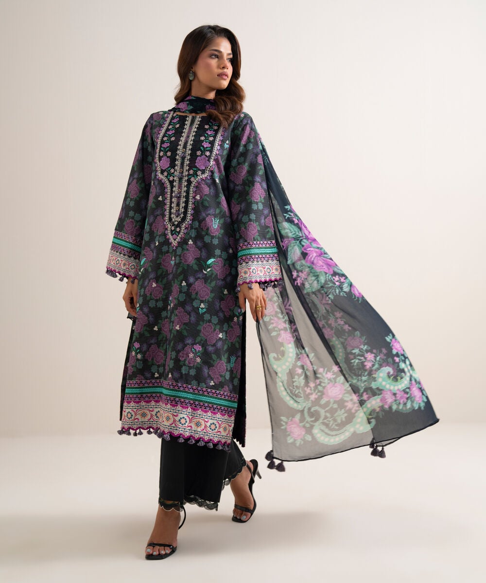 3 Piece - Embroidered Zari Cotton Suit — Sapphire