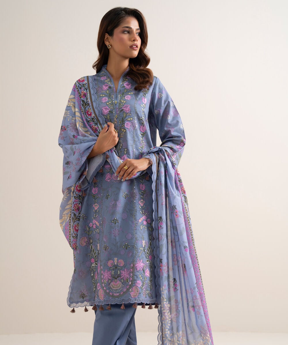 3 Piece - Embroidered Lawn Suit — Sapphire
