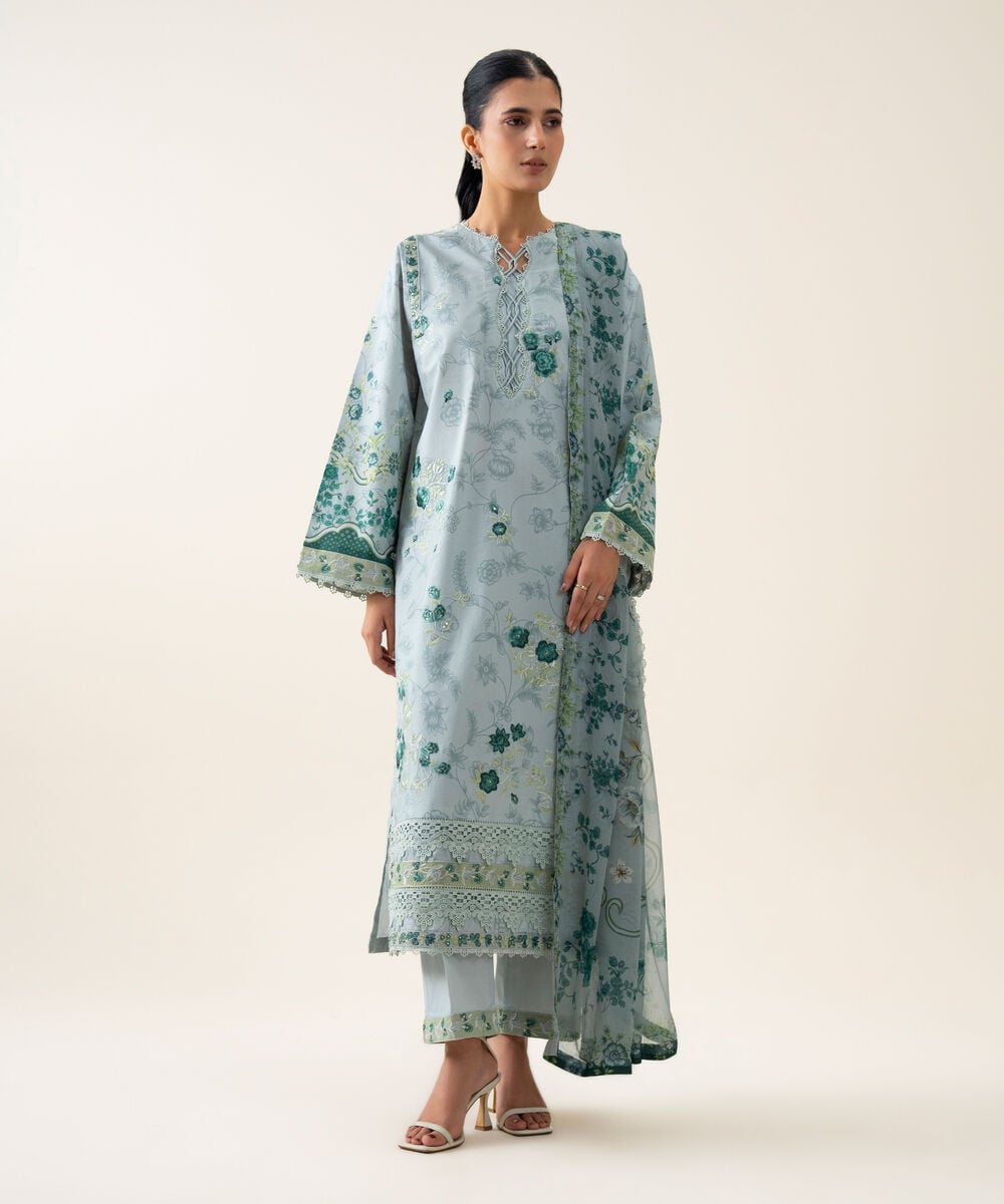 3 Piece - Embroidered Cotton Suit — Sapphire
