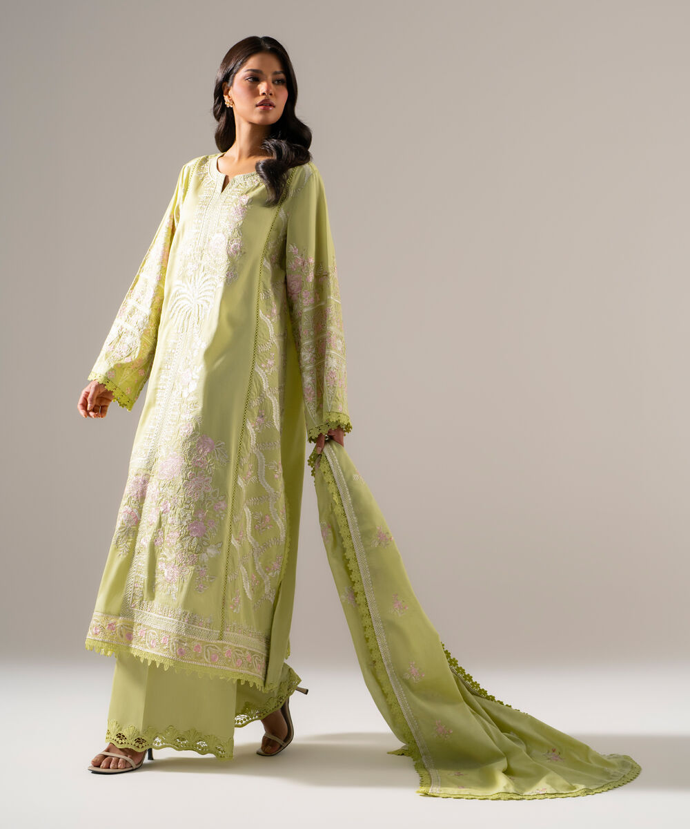 3 Piece - Embroidered Cotton Satin Suit — Sapphire view 3