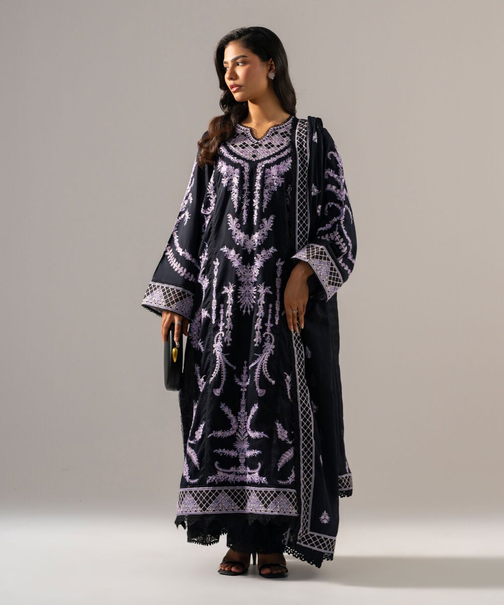 3 Piece - Embroidered Cotton Satin Suit — Sapphire