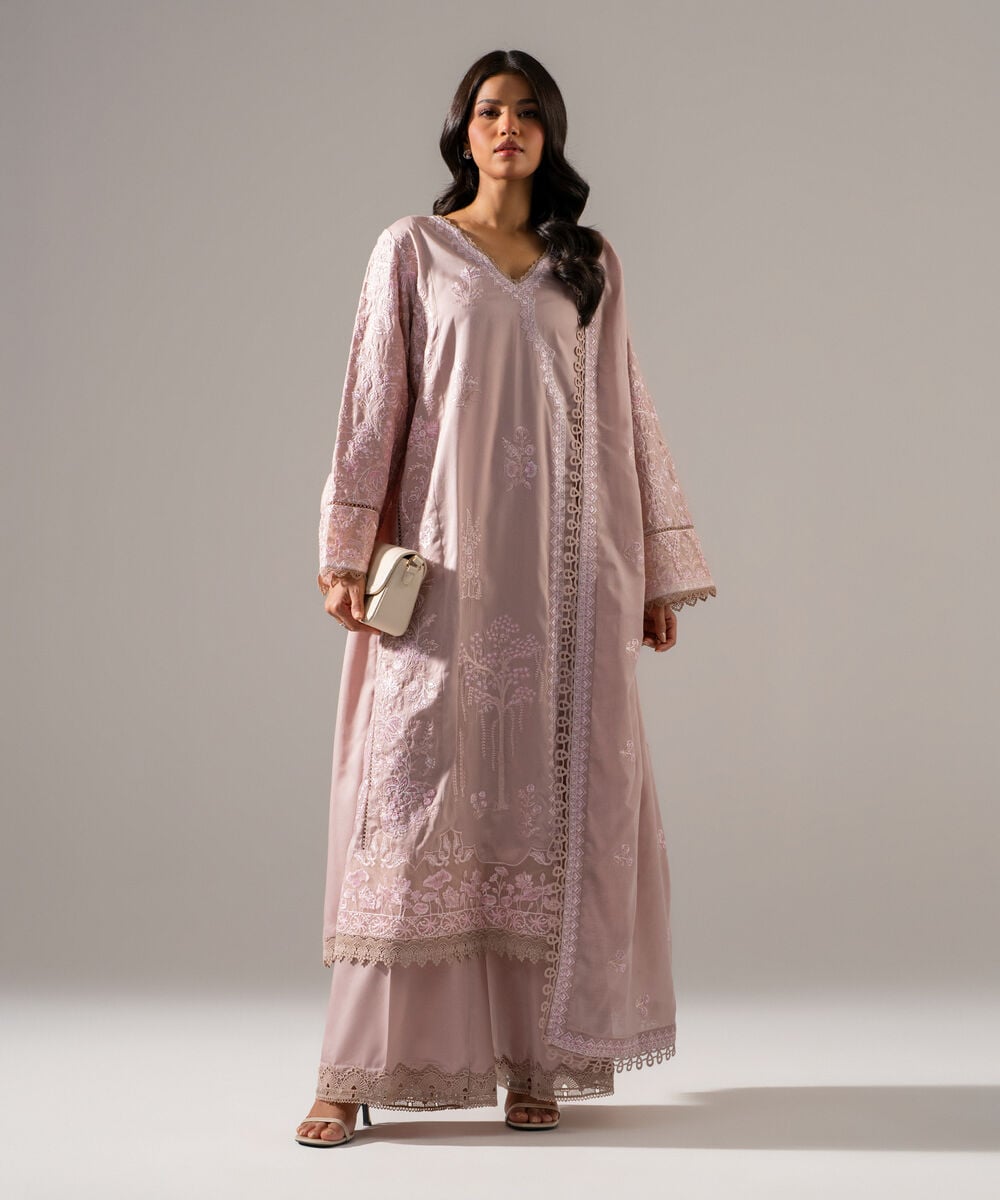 3 Piece - Embroidered Cotton Satin Suit — Sapphire