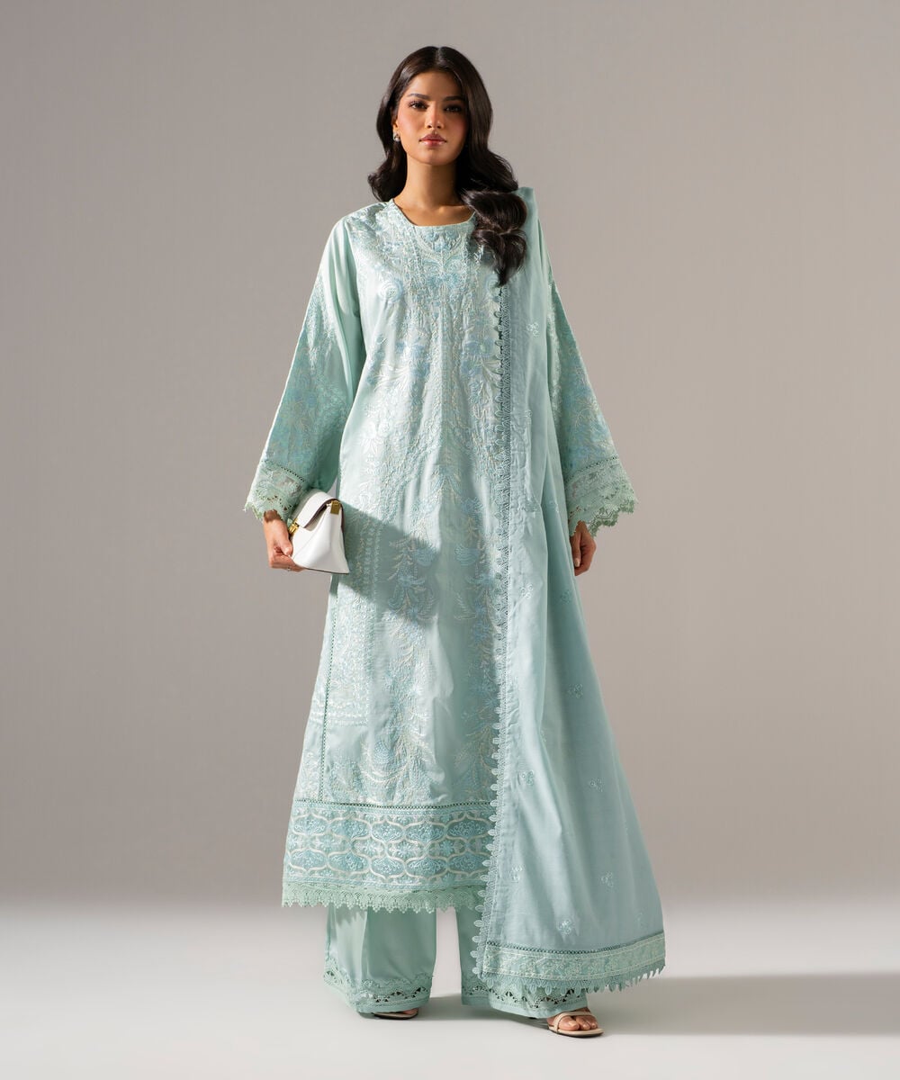 3 Piece - Embroidered Cotton Satin Suit — Sapphire