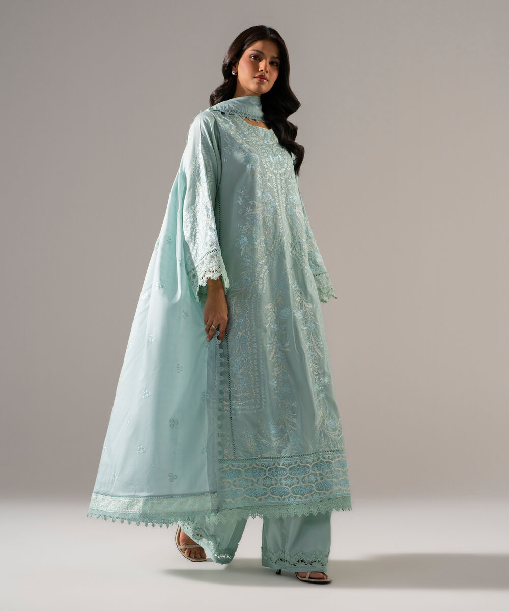 3 Piece - Embroidered Cotton Satin Suit โ Sapphire view 3