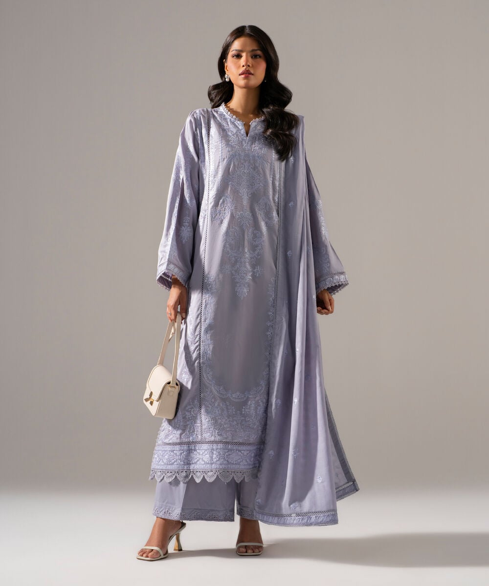 3 Piece - Embroidered Cotton Satin Suit — Sapphire