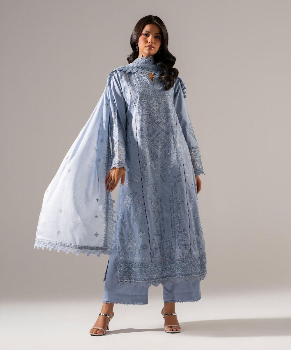 3 Piece - Embroidered Cotton Satin Suit — Sapphire