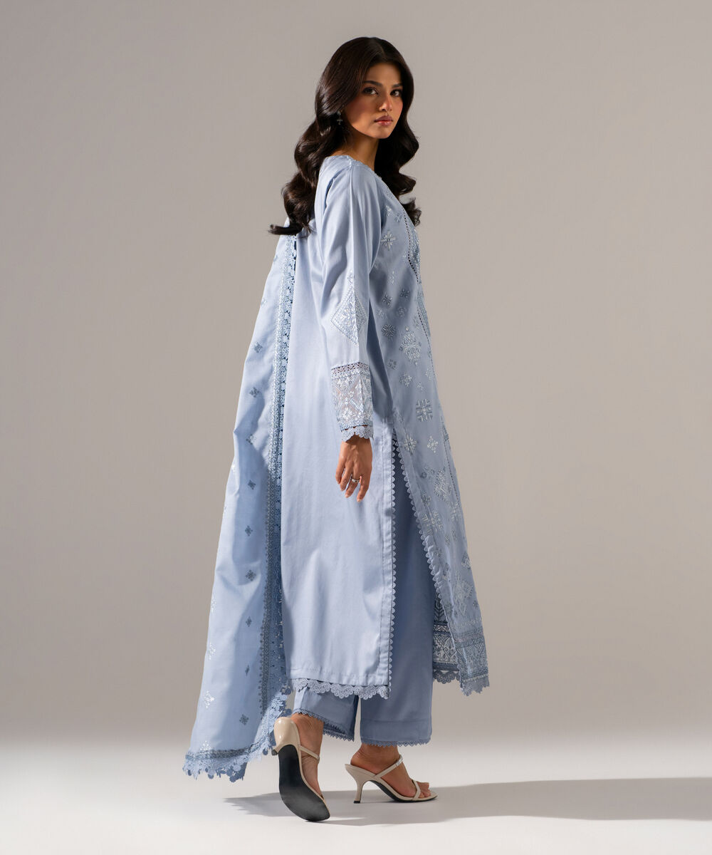 3 Piece - Embroidered Cotton Satin Suit โ Sapphire view 3