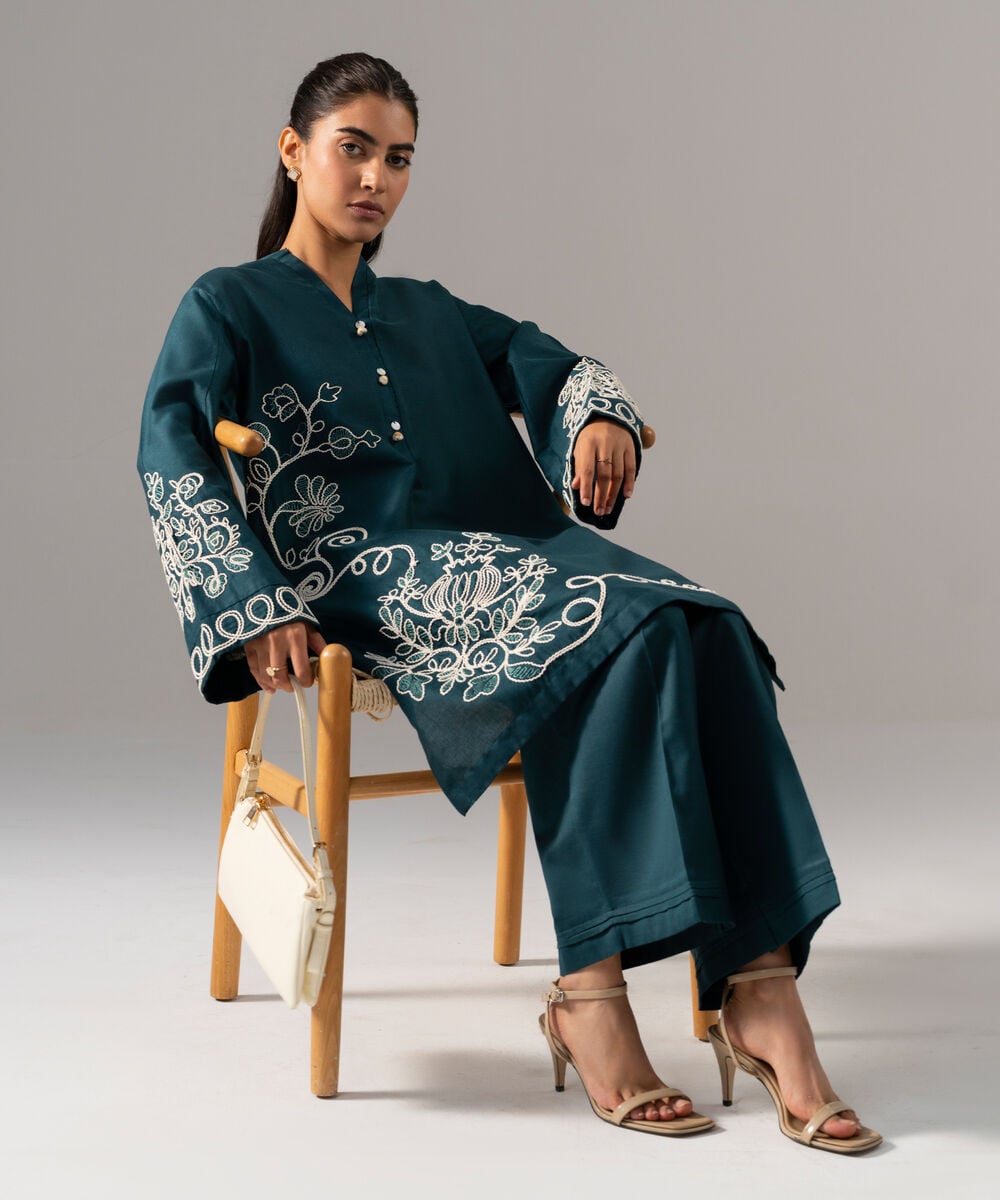 2 Piece - Embroidered Cotton Linen Suit — Sapphire