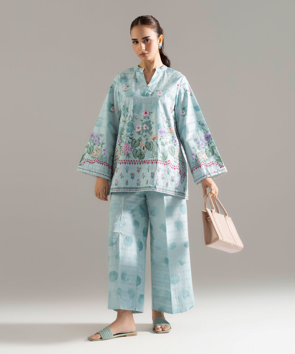 Printed Seersucker Straight Pants โ Sapphire view 3
