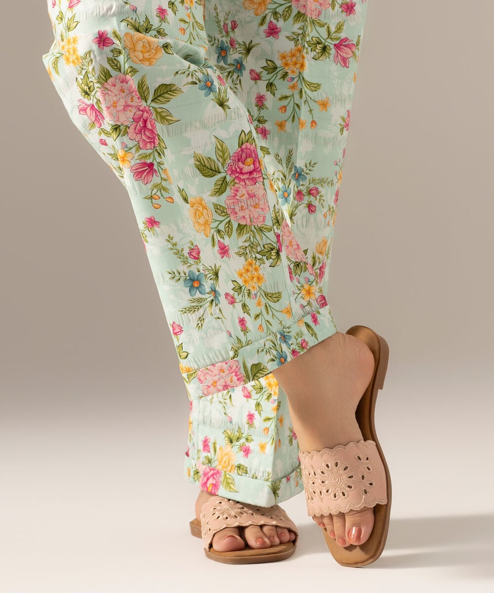 Printed Seersucker Straight Pants — Sapphire
