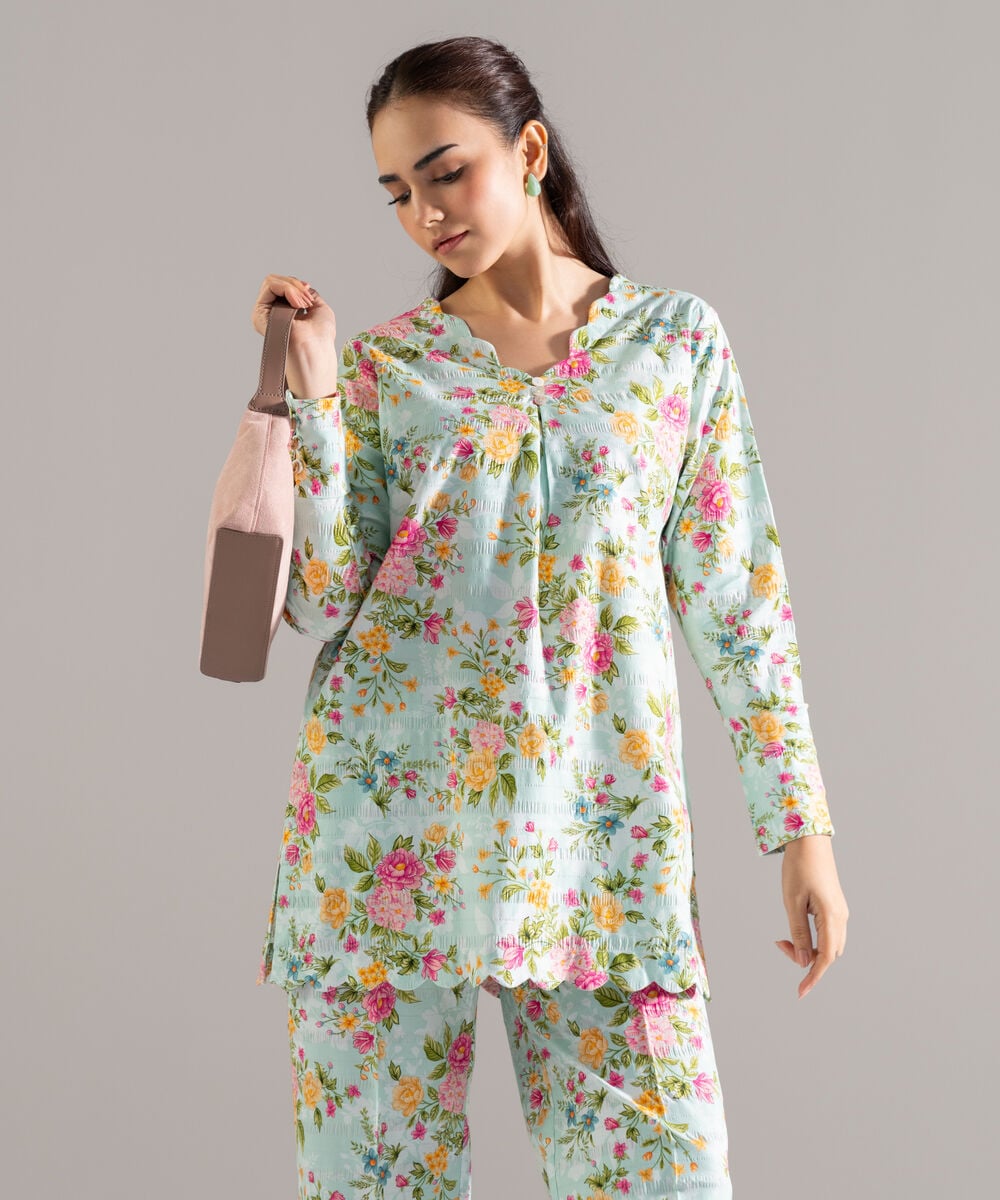 Printed Seersucker Straight Pants โ Sapphire view 3