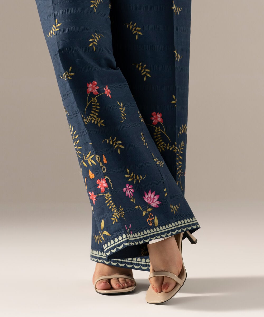 Printed Seersucker Flared Pants — Sapphire